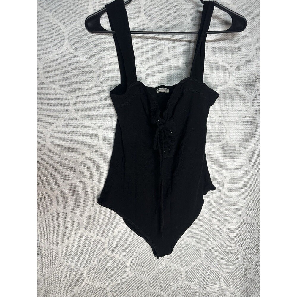 Free People Intimately Square Neck Tank Bodysuit Thong Ribbed Black Medium